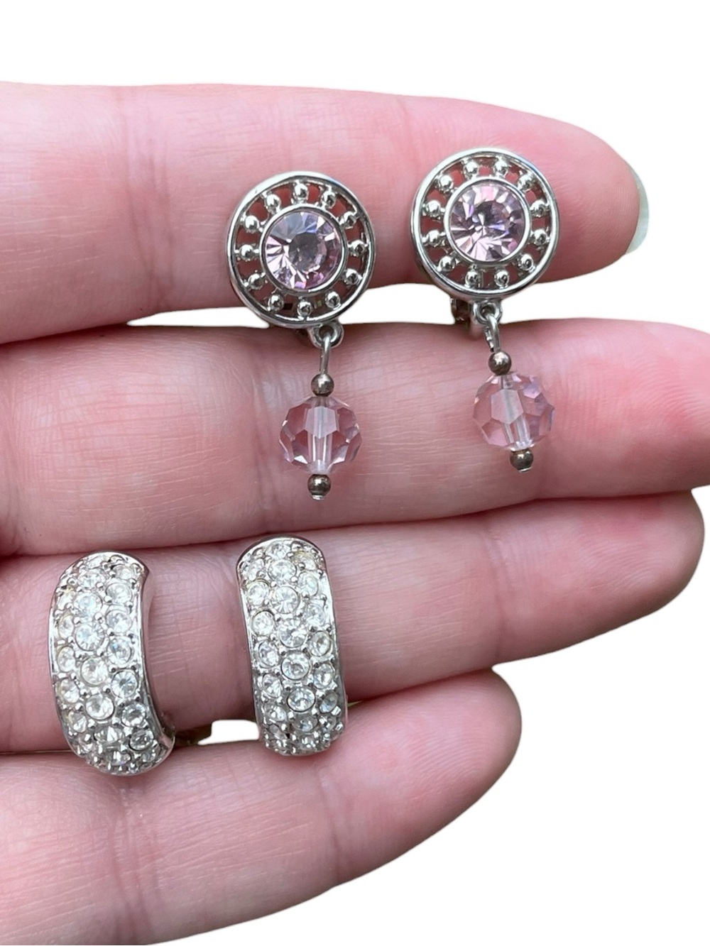 Swarovski Signed Clip On Earrings Lot 2 Pink Crystal Rhinestone Silver Tone Swan